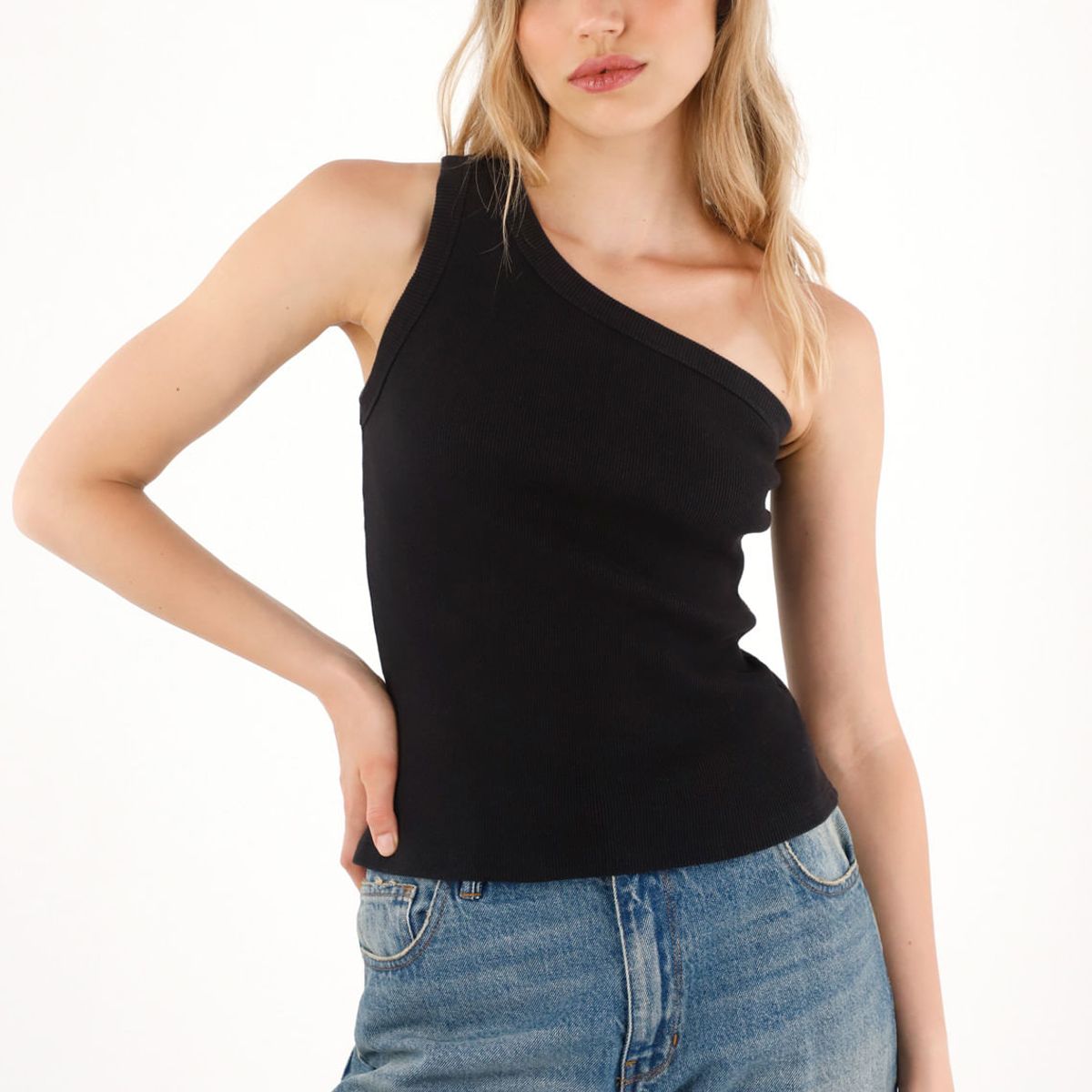 TENNIS - Camiseta de un solo hombro negra para mujer