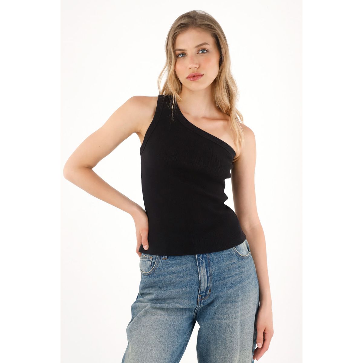 TENNIS - Camiseta de un solo hombro negra para mujer