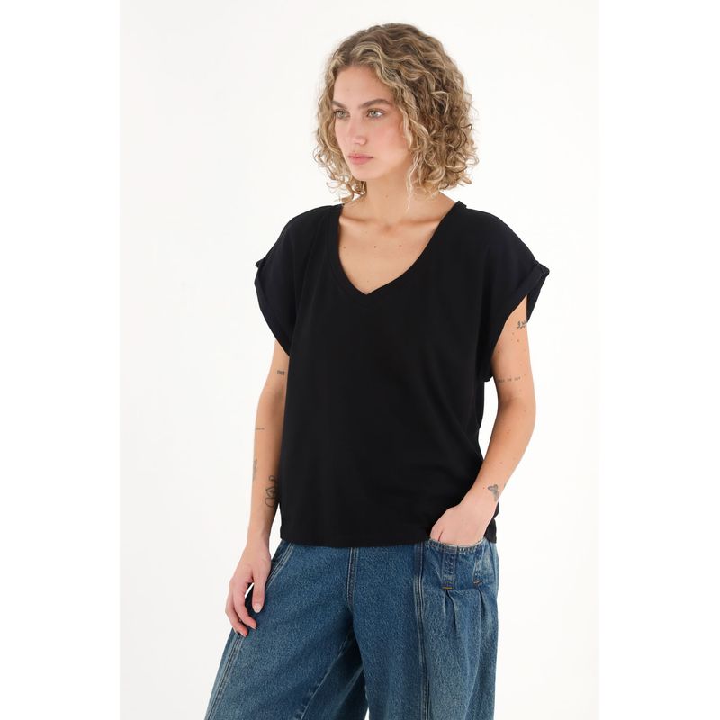 TOPMARK - Camiseta negra manga sisa con guardapolvo para mujer