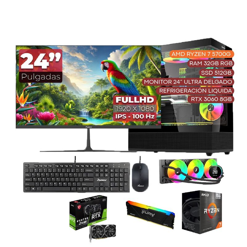 JANUS - COMPUTADOR PC GAMER AMD RYZEN 7 5700G 3,8GHZ RTX 3060 8 GB 32RGB/512 REF LIQ 24"