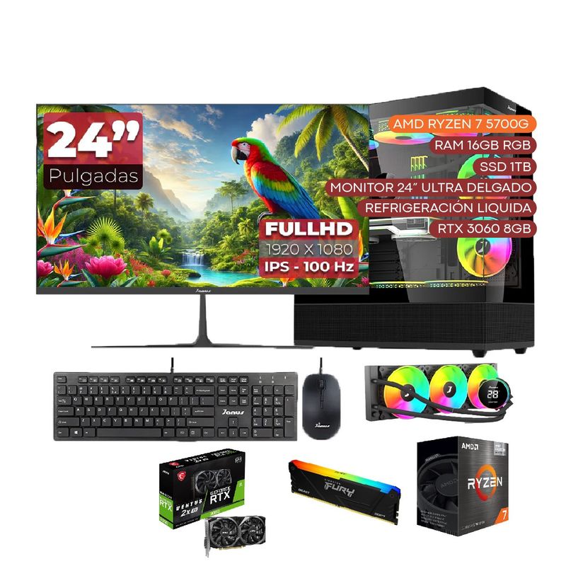 JANUS - COMPUTADOR TORRE GAMER AMD RYZEN 7 5700G RTX 3060 8 GB 16 RGB/1 TB SSD 24"