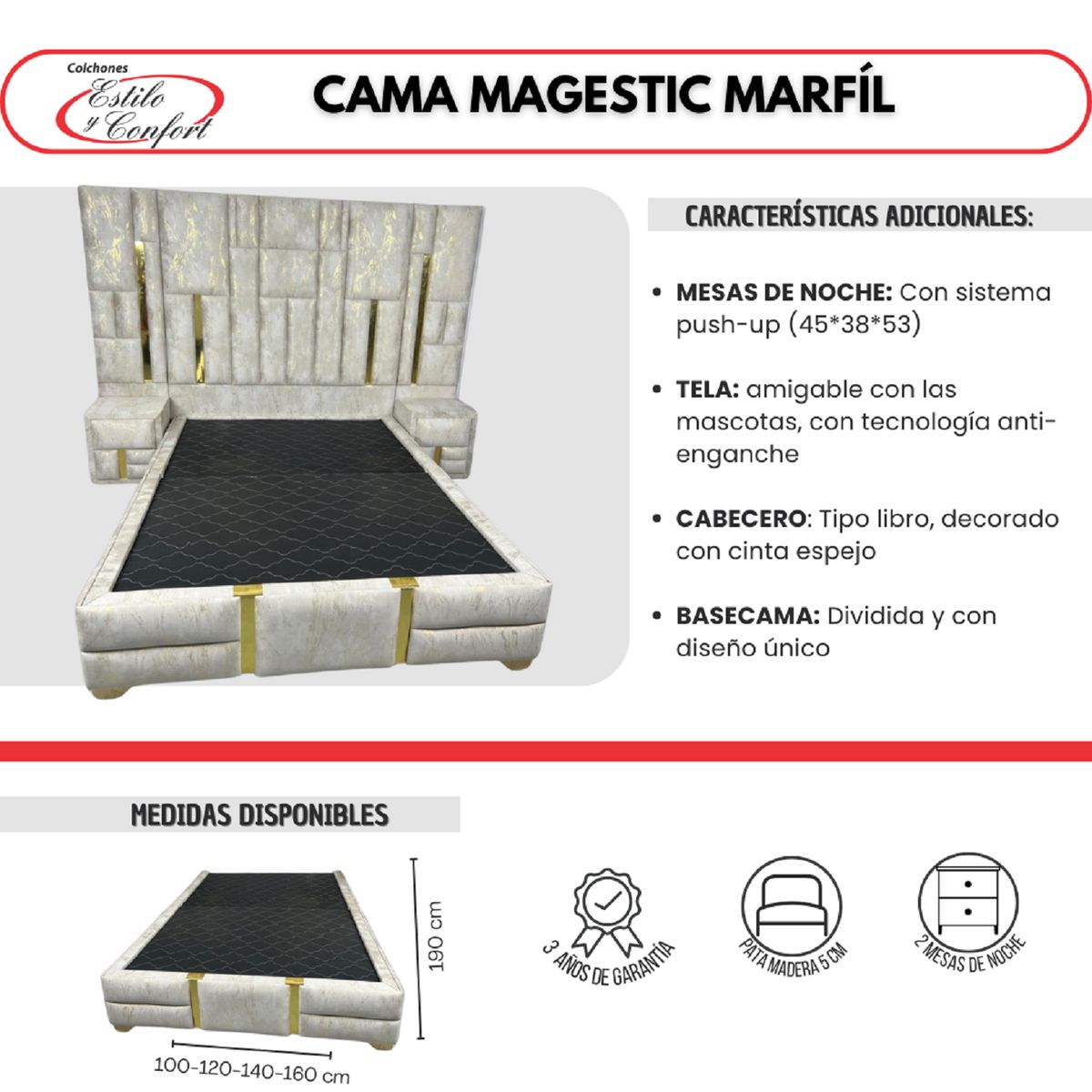 ESTILO Y CONFORT - Combo Magestic 160x190 Marfil Dorado