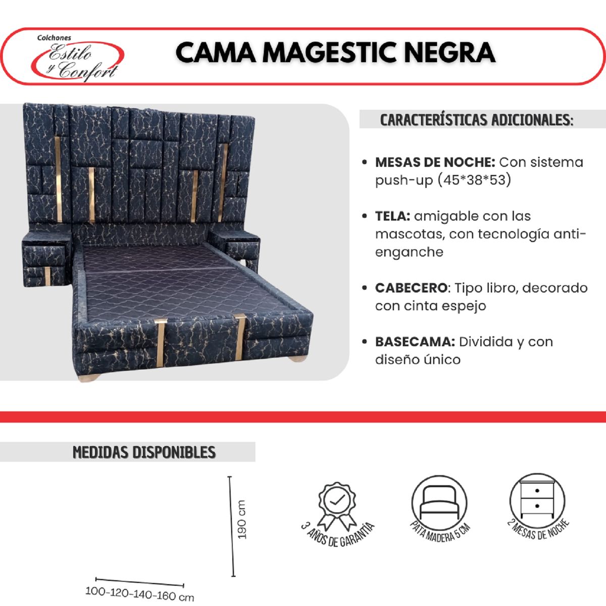 ESTILO Y CONFORT - Combo Magestic 120x190 Negro Dorado.