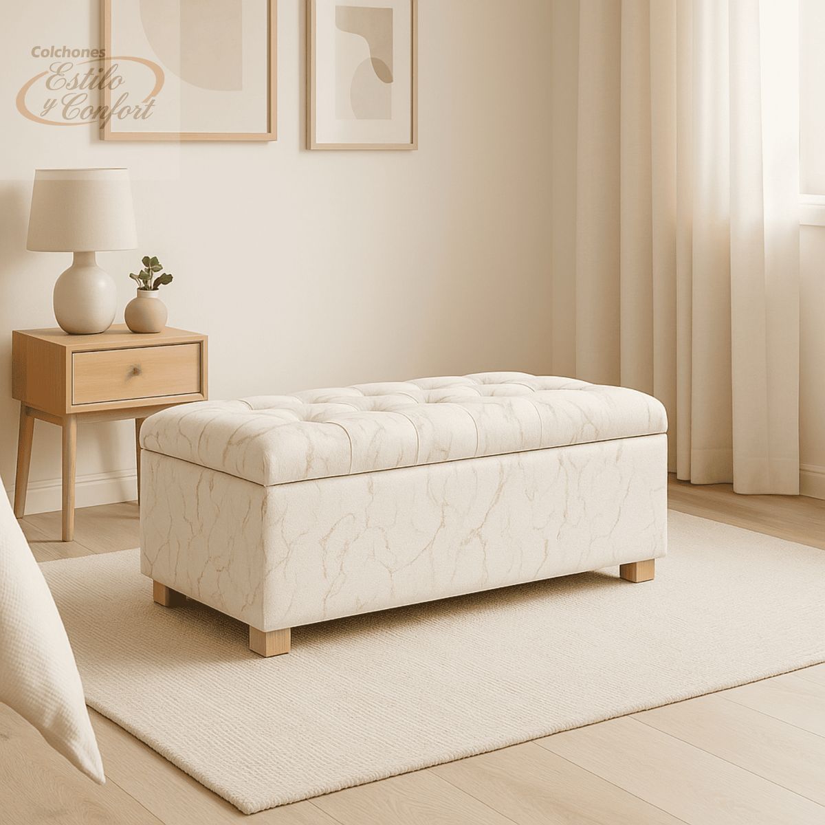 ESTILO Y CONFORT - Puff baul 100 capitoneado Marfil Dorado