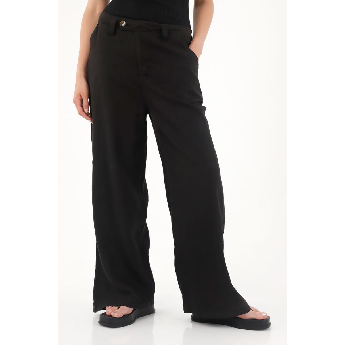 TENNIS - Pantalón Wide Leg negro en 100% lino para mujer
