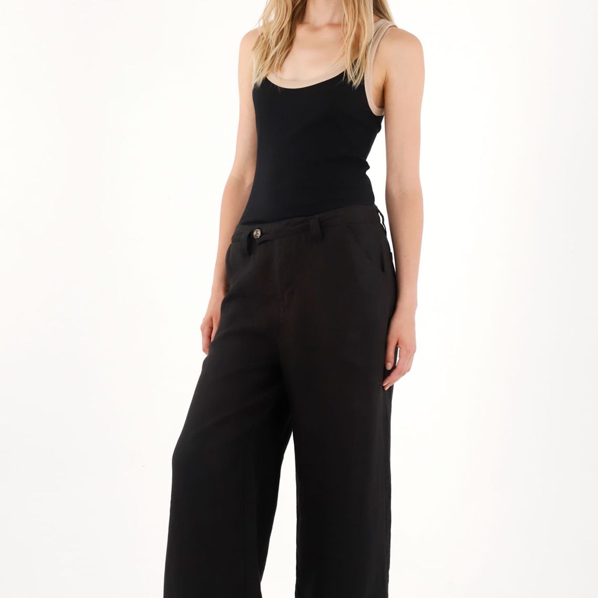 TENNIS - Pantalón Wide Leg negro en 100% lino para mujer