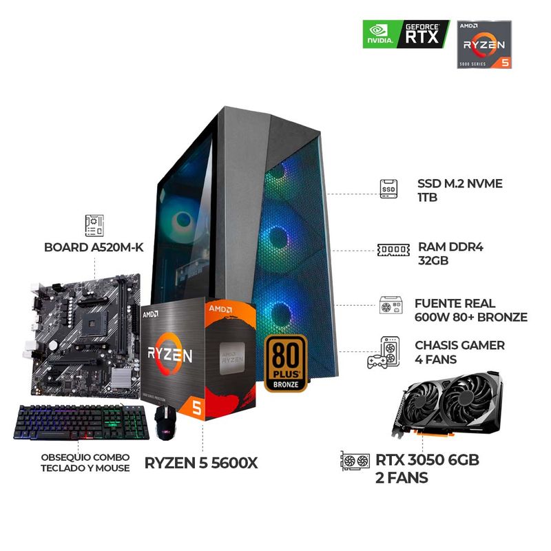 AMD - PC GAMER RYZEN 5 5600X + RTX3050 6GB + RAM 32GB + SSD 1TB + COMBO
