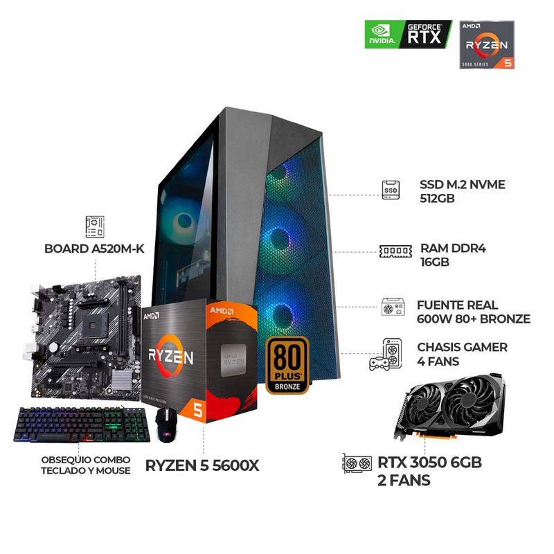 AMD - PC GAMER RYZEN 5 5600X + RTX3050 6GB + RAM 16GB + SSD 512GB + COMBO