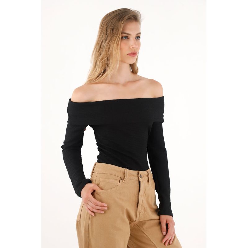 TENNIS - Camiseta negra de cuello bandeja para mujer