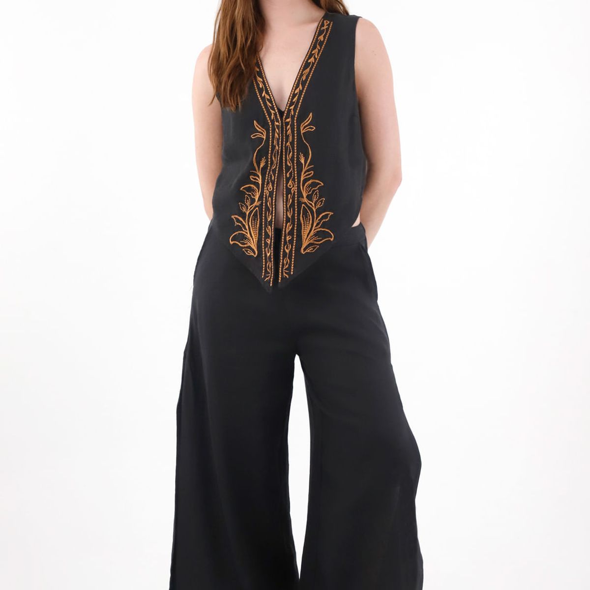 TENNIS - Pantalón Wide Leg en 100% lino negro para mujer