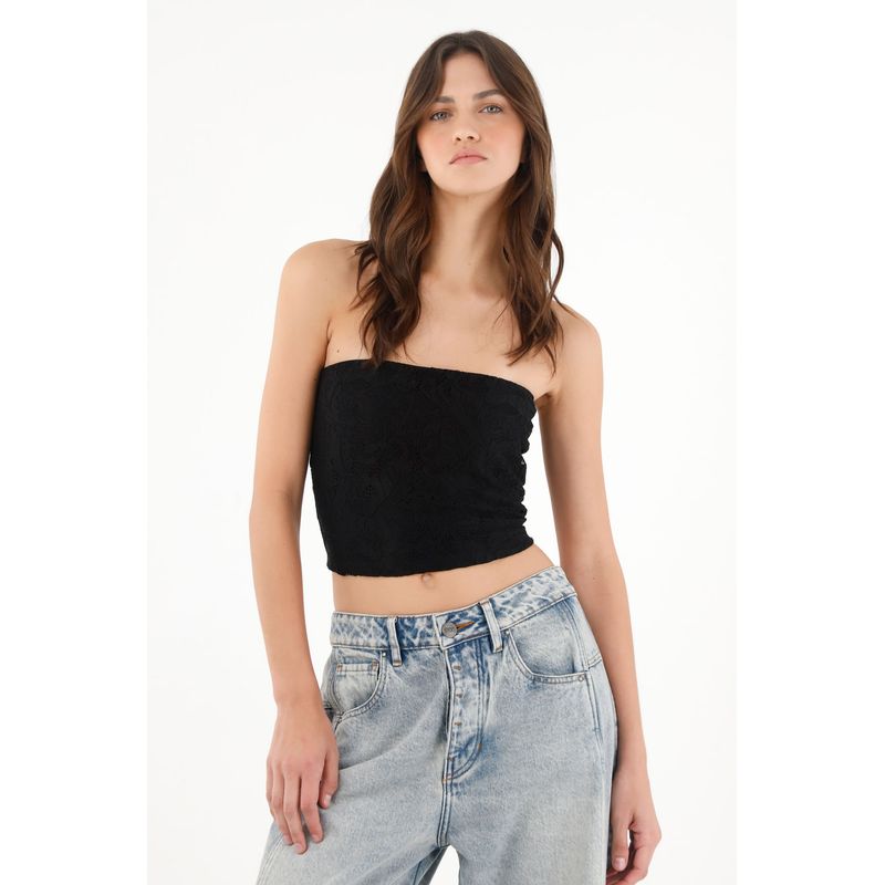 TENNIS - Crop strapless en encaje negro para mujer