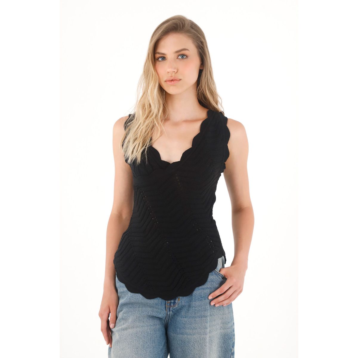 TENNIS - Camisa negra tejida diseño cruzado para mujer