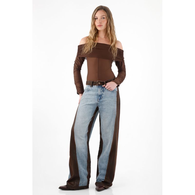 TENNIS - Jean Wide Leg con bloques en efecto cuero para mujer