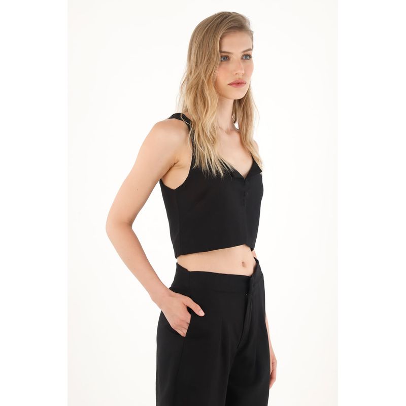 TENNIS - Camisa crop en 100% lino negra para mujer