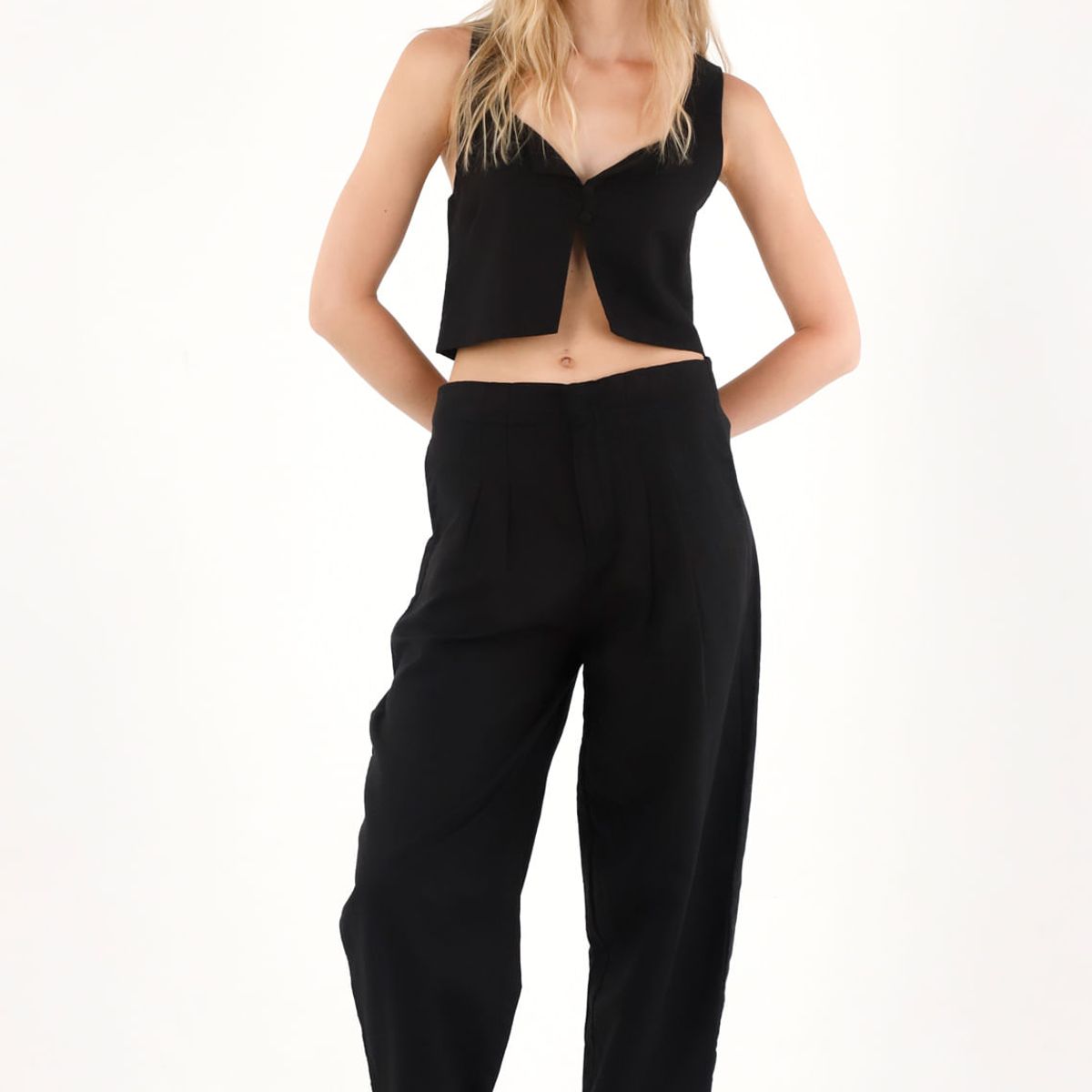 TENNIS - Pantalón chino en 100% lino negro para mujer