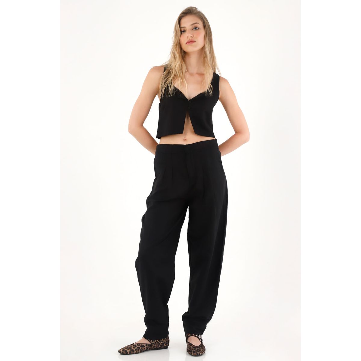 TENNIS - Pantalón chino en 100% lino negro para mujer