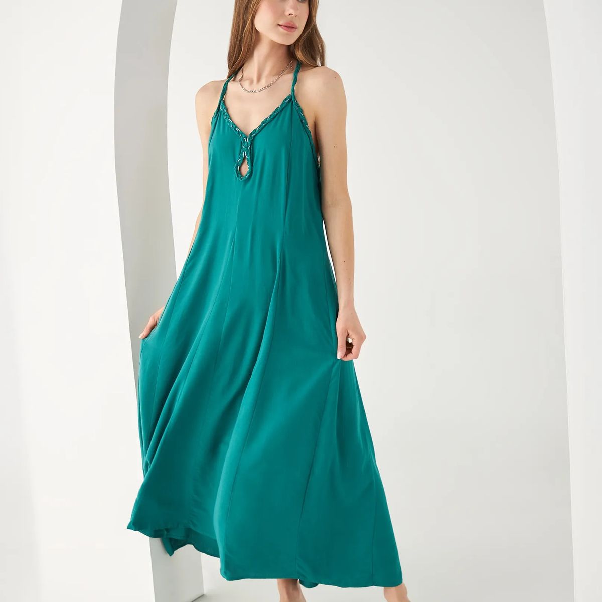 ESPRIT - Esprit Vestido Largo para Mujer con Detalle Trenzado y Escote V