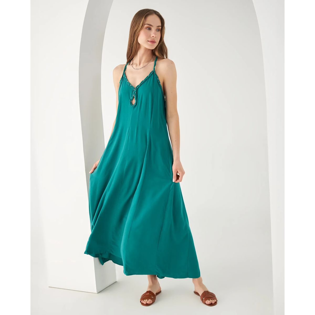 ESPRIT - Esprit Vestido Largo para Mujer con Detalle Trenzado y Escote V