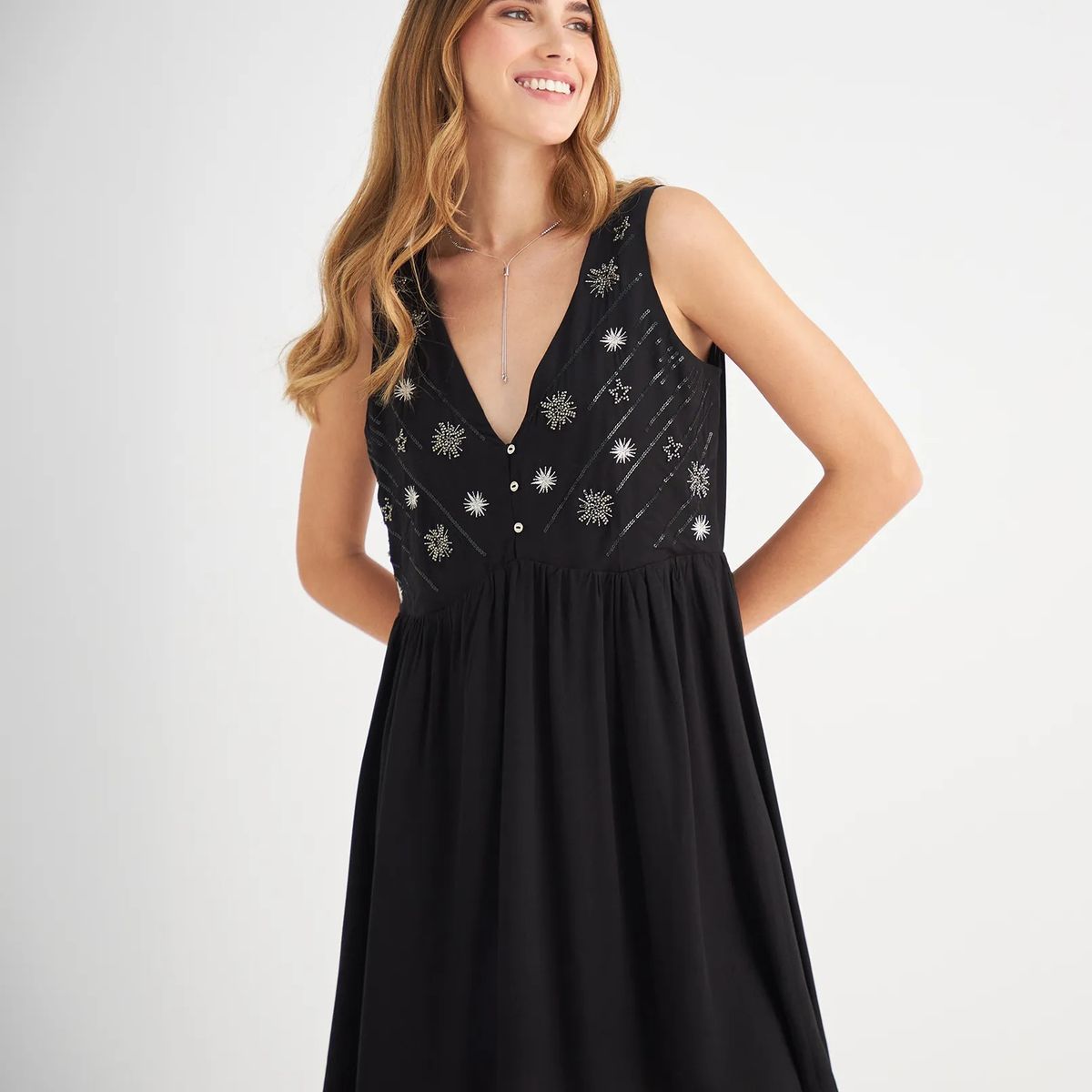 ESPRIT - Esprit Vestido Corto para Mujer con Apliques Decorativos Escote V