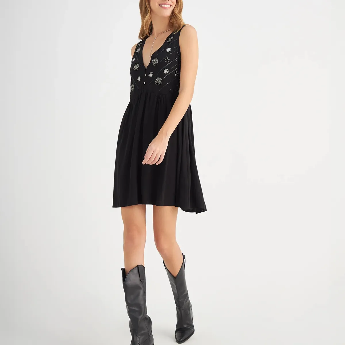 ESPRIT - Esprit Vestido Corto para Mujer con Apliques Decorativos Escote V