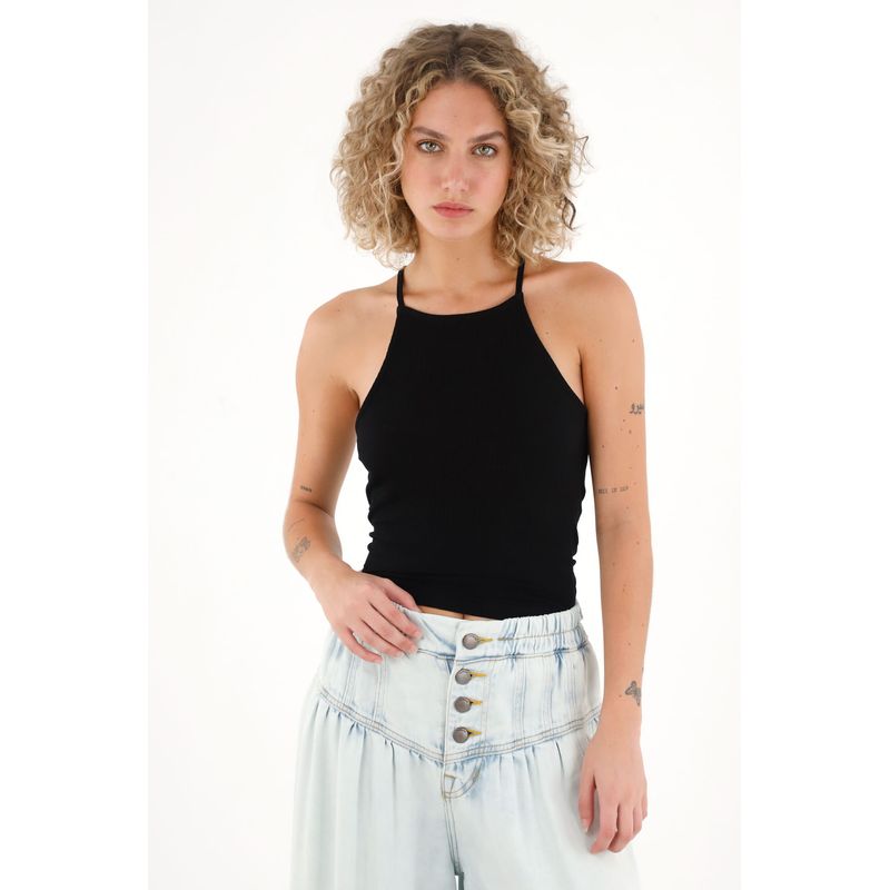 TOPMARK - Camiseta básica de largo pretinero negra para mujer