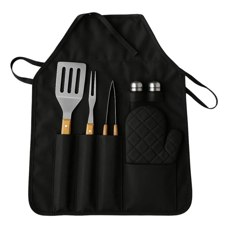 GENERICO - Kit Asados Parrilla Delantal 7 Pcs Utencilios Bbq