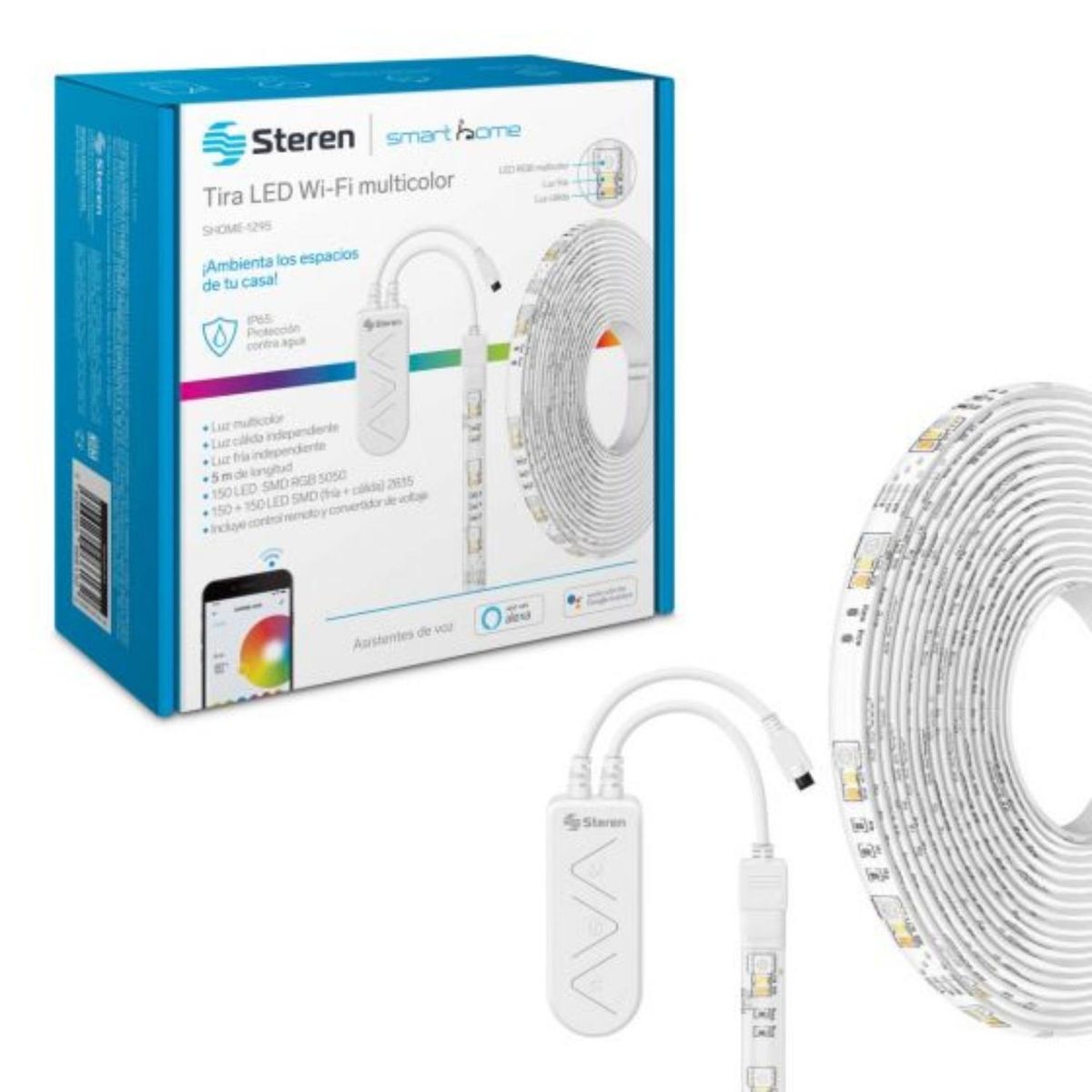 STEREN - Tira LED Wi-Fi multicolor RGB+W de 5 m para exterior con control remoto