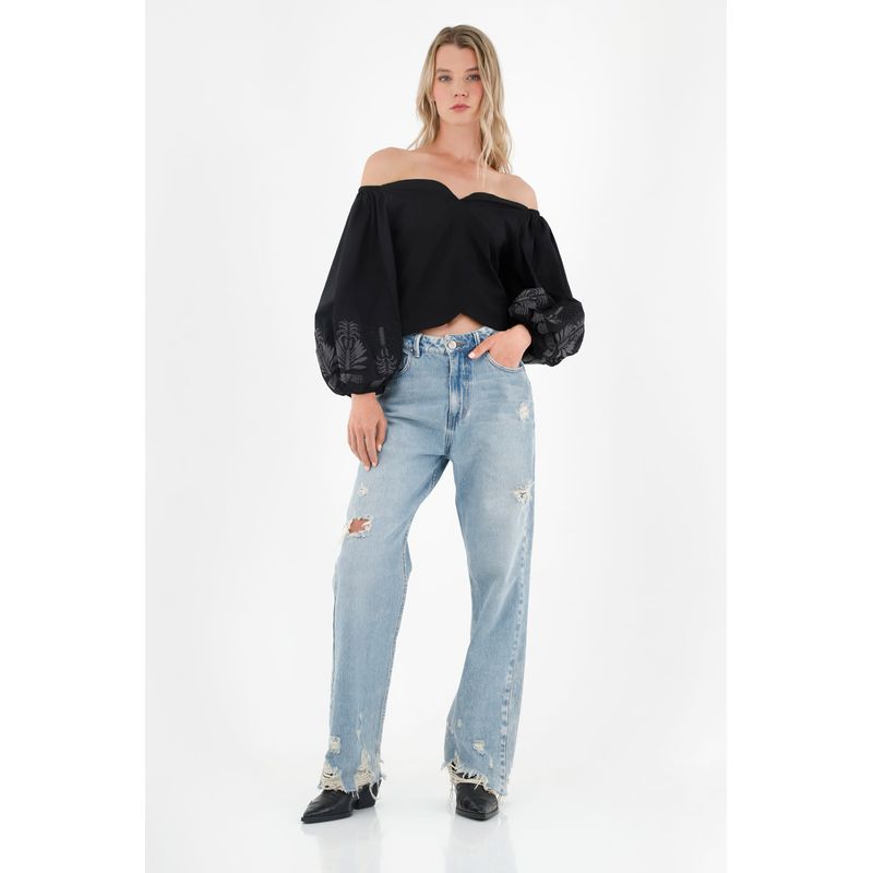 TENNIS - Camisa negra con bordados decorativos para mujer