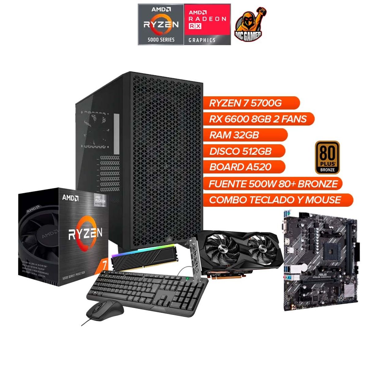 AMD - Torre Gamer Ryzen 7 5700G Corsair 3000D RX 6600 32GB RAM 512GB SSD 500W 80+ BRZ