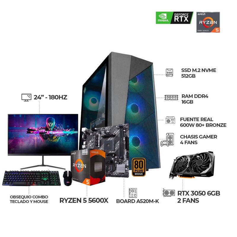 AMD - PC GAMER R5 5600X + RTX3050 6GB + MONITOR 24 180HZ 1MS FHD + RAM 16GB + SSD512GB