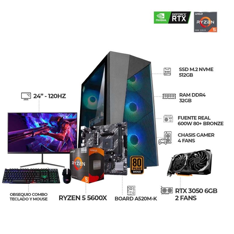 AMD - PC GAMER R5 5600X + RTX3050 6GB + MONITOR 24 120HZ 1MS FHD + RAM 32GB + SSD512GB