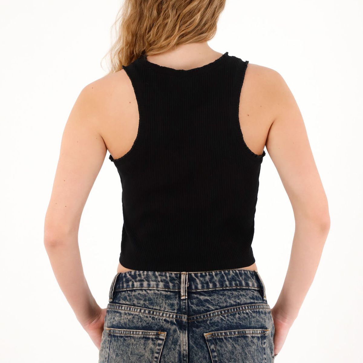 TENNIS - Camiseta negra en rib manga sisa para mujer