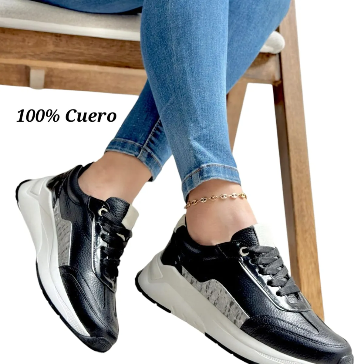 EVEGONZ - Tenis Deportivos Mujer Zapato en Cuero Negro