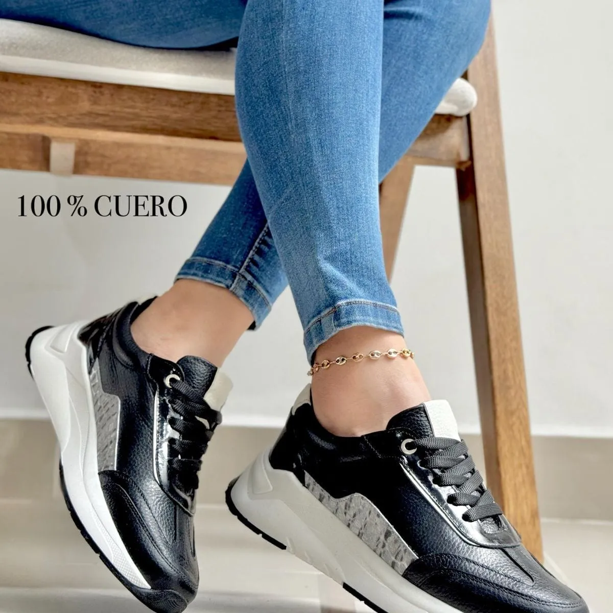 EVEGONZ - Tenis Deportivos Mujer Zapato en Cuero Negro