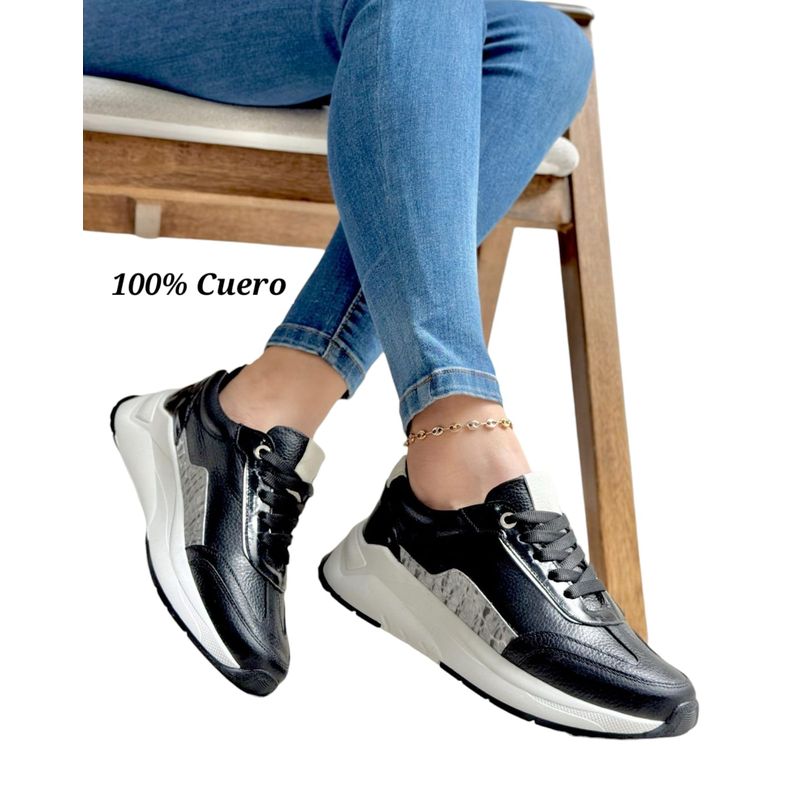 EVEGONZ - Tenis Deportivos Mujer Zapato en Cuero Negro
