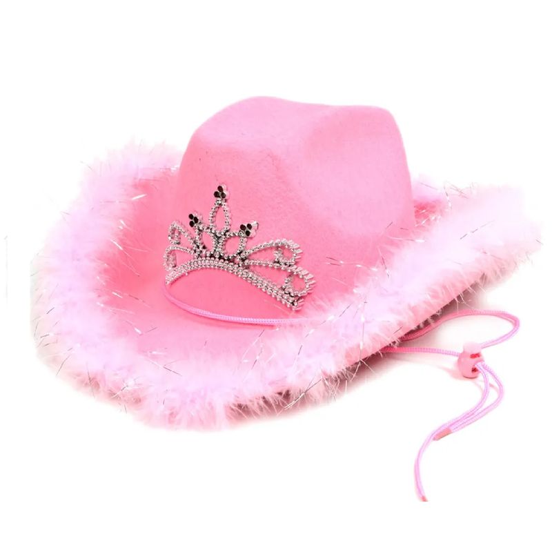 GENERICO - Sombrero Vaquera Con Peluche Y Corona Rosado Disfraz