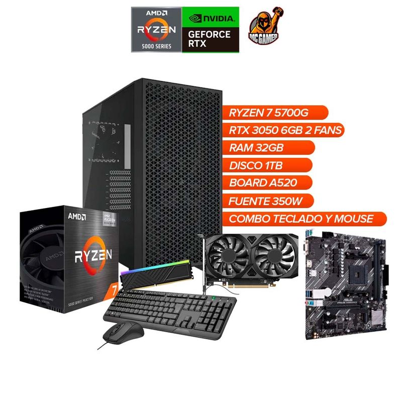 AMD - Torre Gamer Ryzen 7 5700G Chasis Corsair 3000D RTX 3050 6GB 32GB RAM 1TB SSD