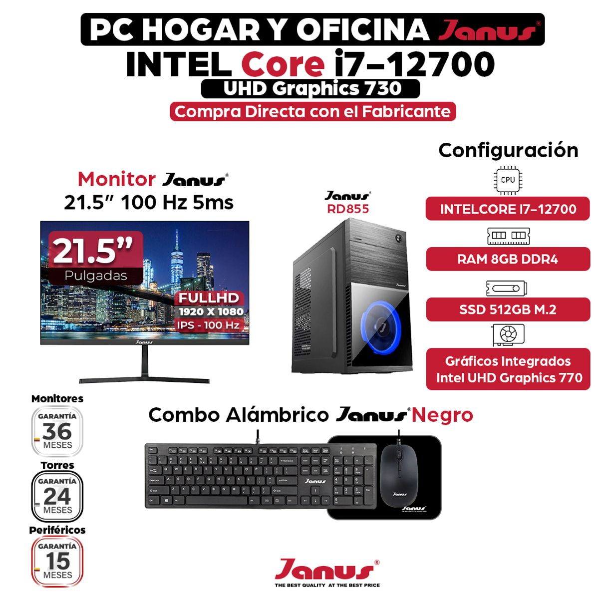 JANUS - Computador Intel Core i7-12700 RAM 8GB SSD 512GB Monitor 22 Pulgadas 100Hz