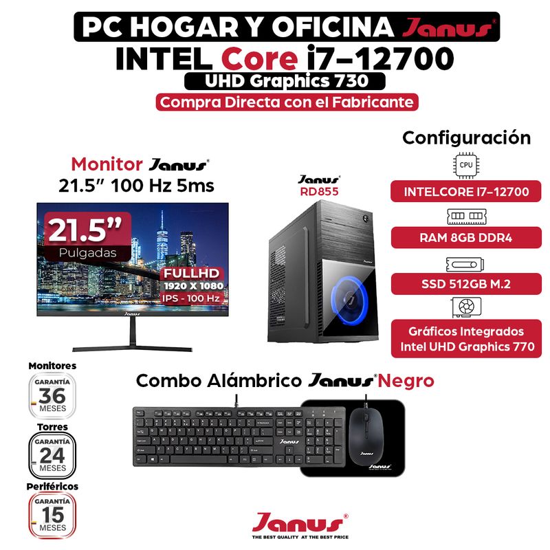 JANUS - Computador Intel Core i7-12700 RAM 8GB SSD 512GB Monitor 22 Pulgadas 100Hz