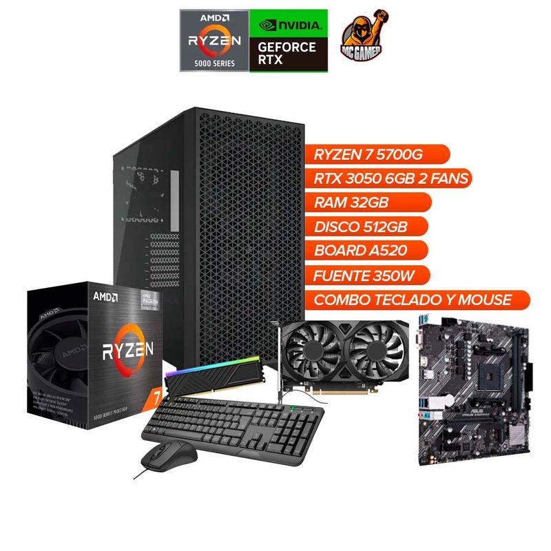 AMD - Torre Gamer Ryzen 7 5700G Chasis Corsair 3000D RTX 3050 6GB 32GB RAM 512GB SSD