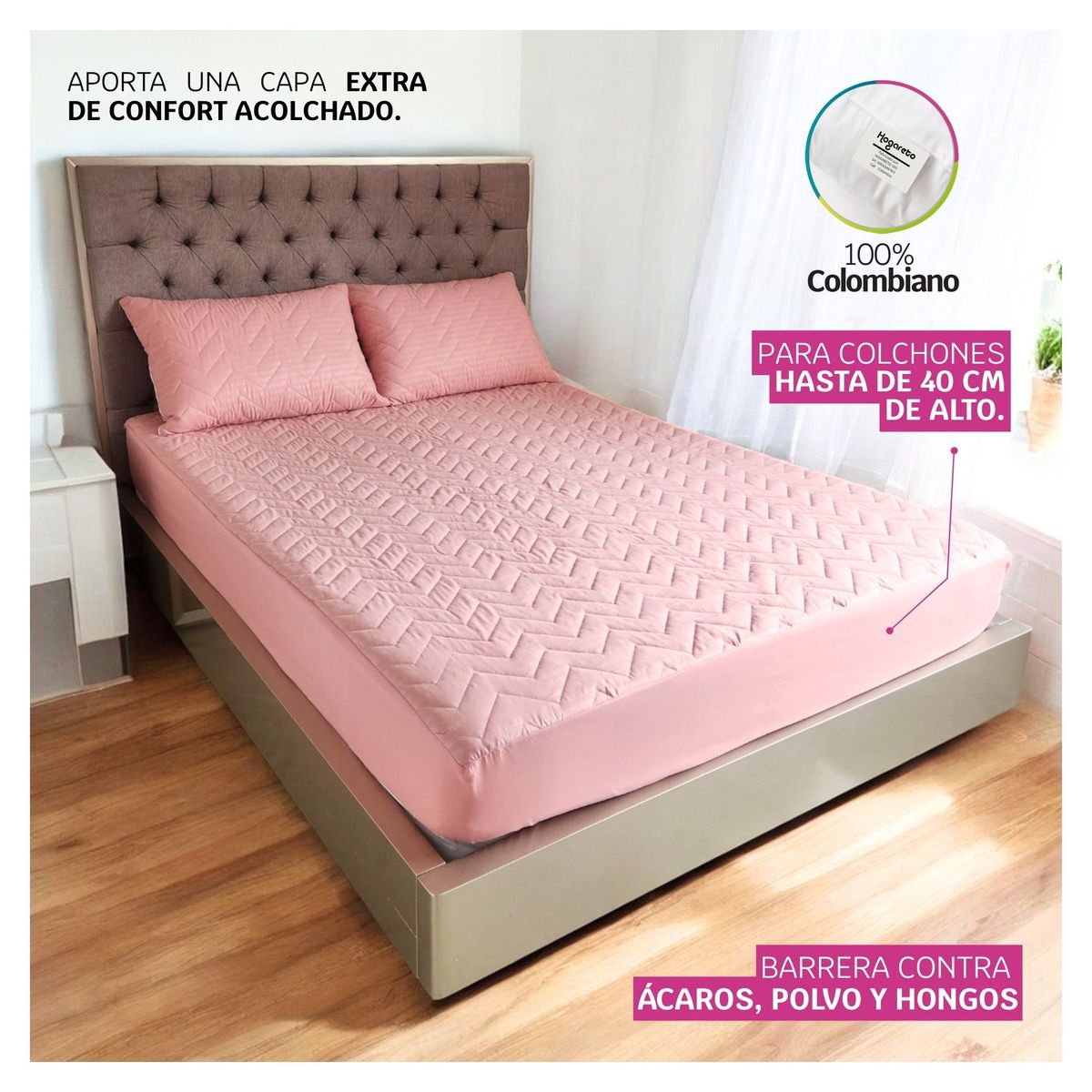 HOGARETO - Protector Colchón Acolchado Rosado Cama Queen+ 2 Fundas de almohadas
