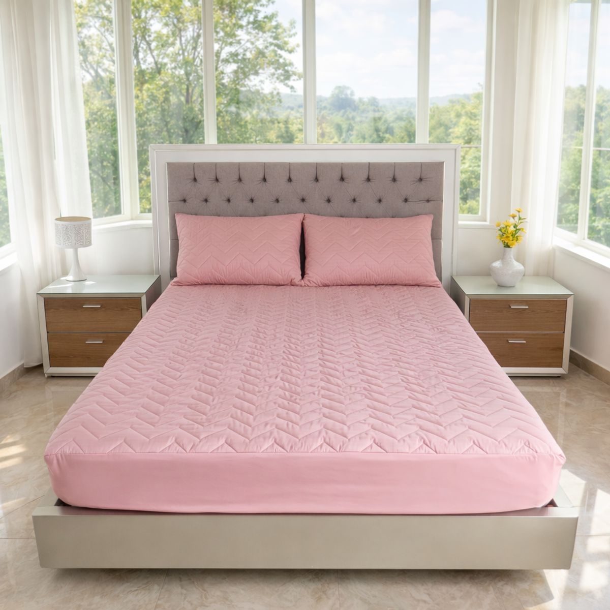 HOGARETO - Protector Colchón Acolchado Rosado Cama King + 2 Fundas de almohadas