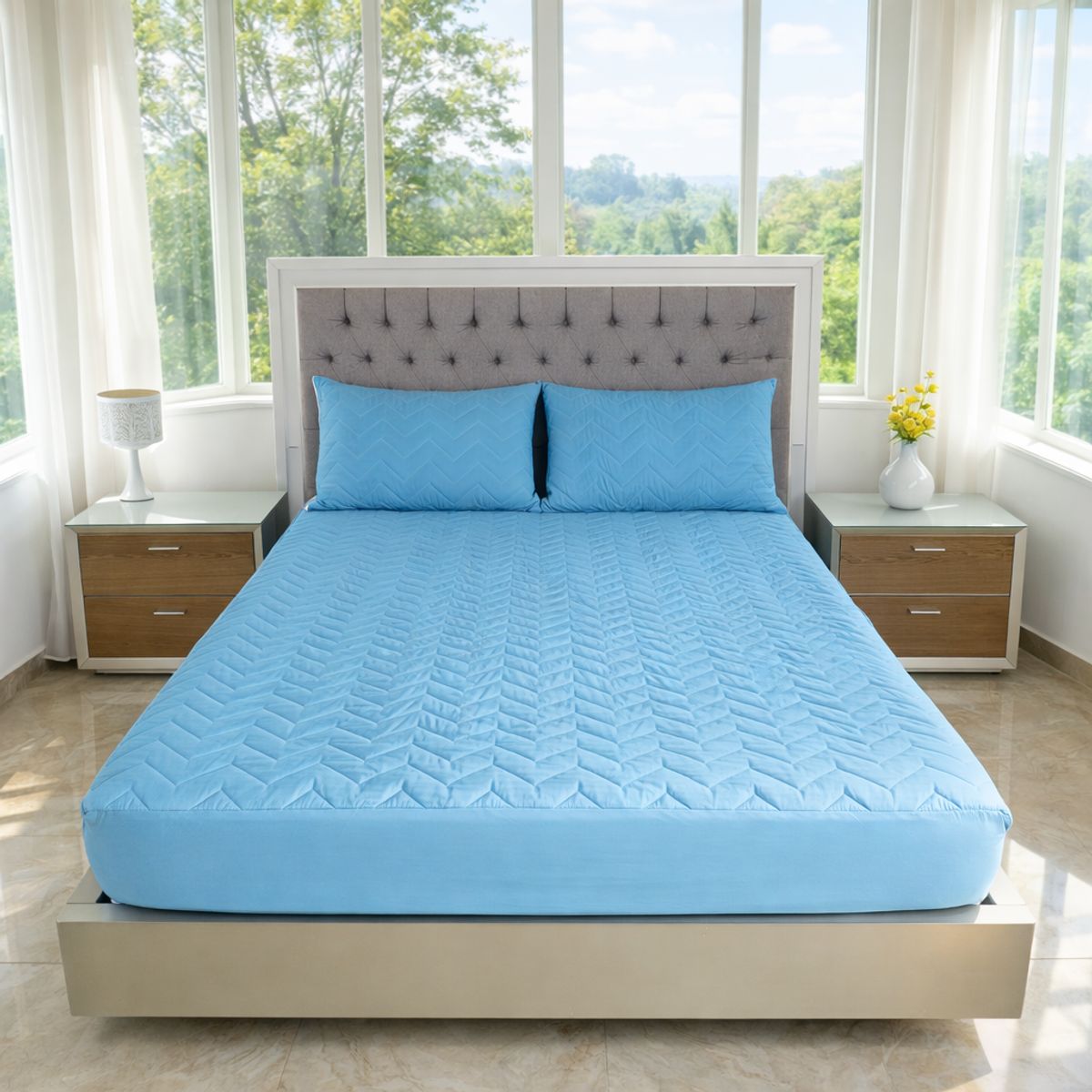 HOGARETO - Protector Colchón Acolchado Celeste Cama King + 2 Fundas de Almohadas