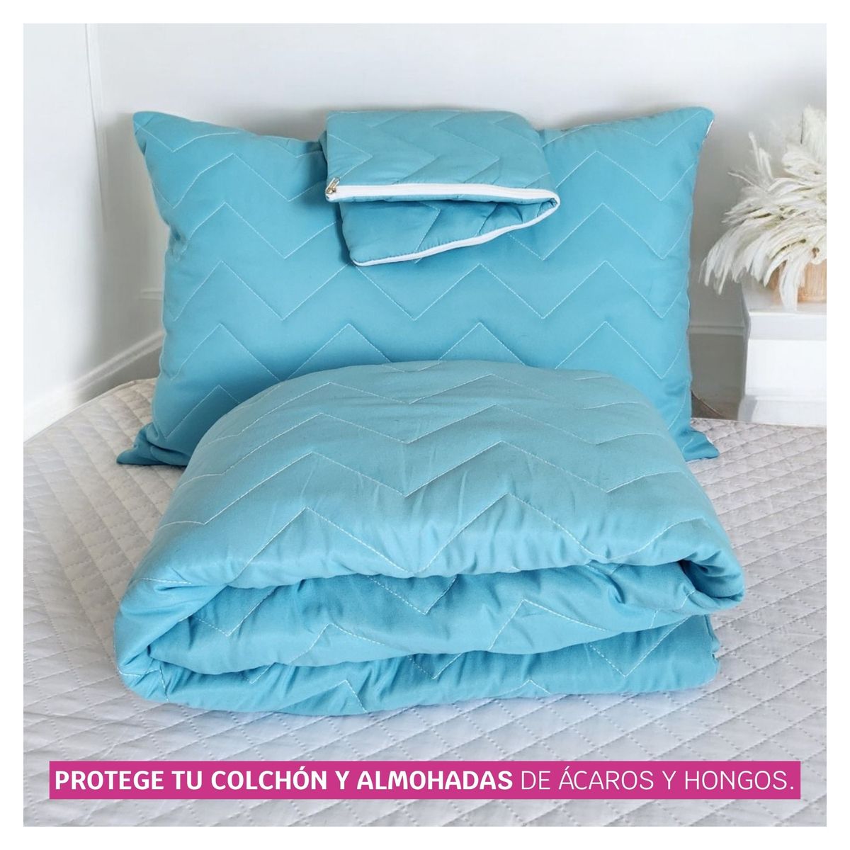 HOGARETO - Protector Colchón Acolchado Celeste Cama King + 2 Fundas de Almohadas