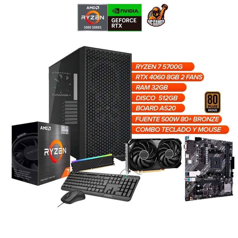 AMD - Torre Gamer Ryzen 7 5700G Chasis Corsair 3000D RTX 4060 8GB 32GB RAM 512GB SSD