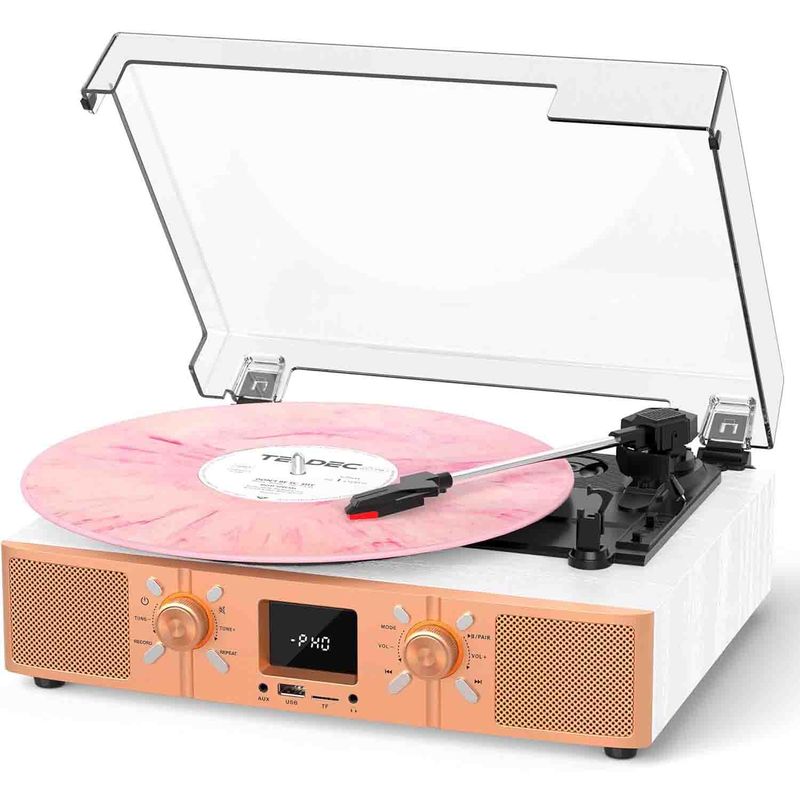 BASIC - Tocadiscos Tornamesa con Bluetooth, USB, Radio Fm y altavoces 3 speeds