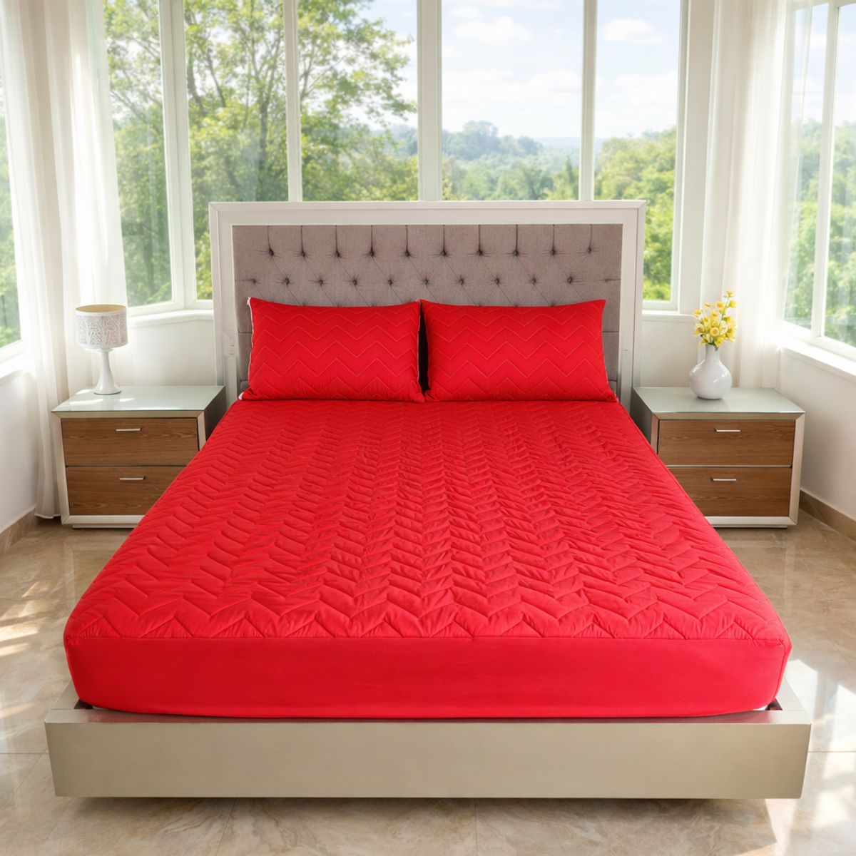 HOGARETO - Protector  Colchón Acolchado Rojo Cama Semidoble + 2 Fundas de Almohada