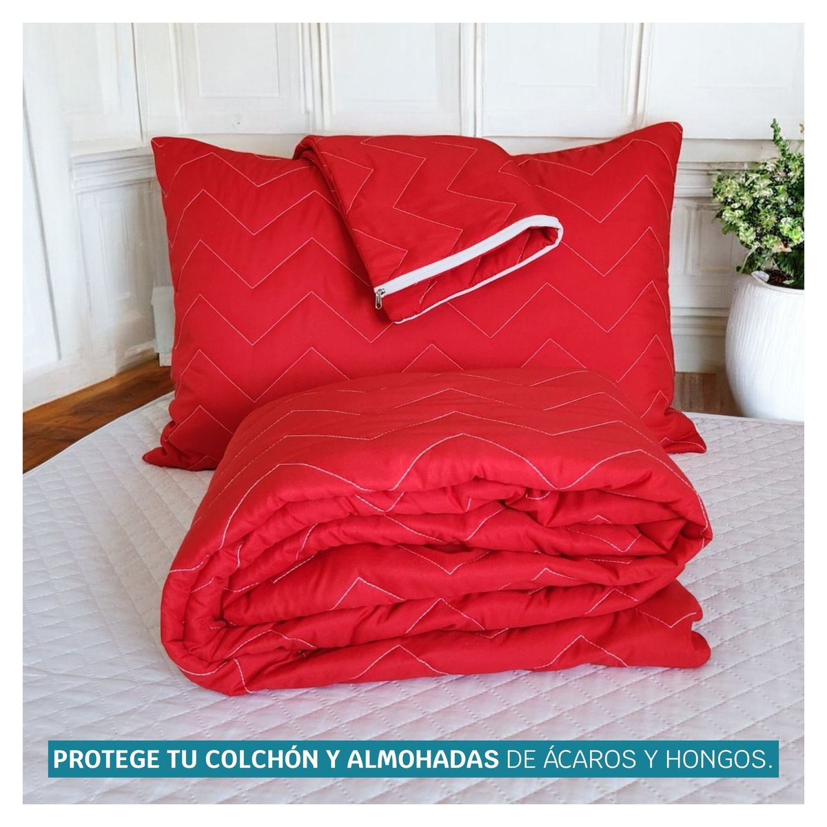 HOGARETO - Protector  Colchón Acolchado Rojo Cama Semidoble + 2 Fundas de Almohada