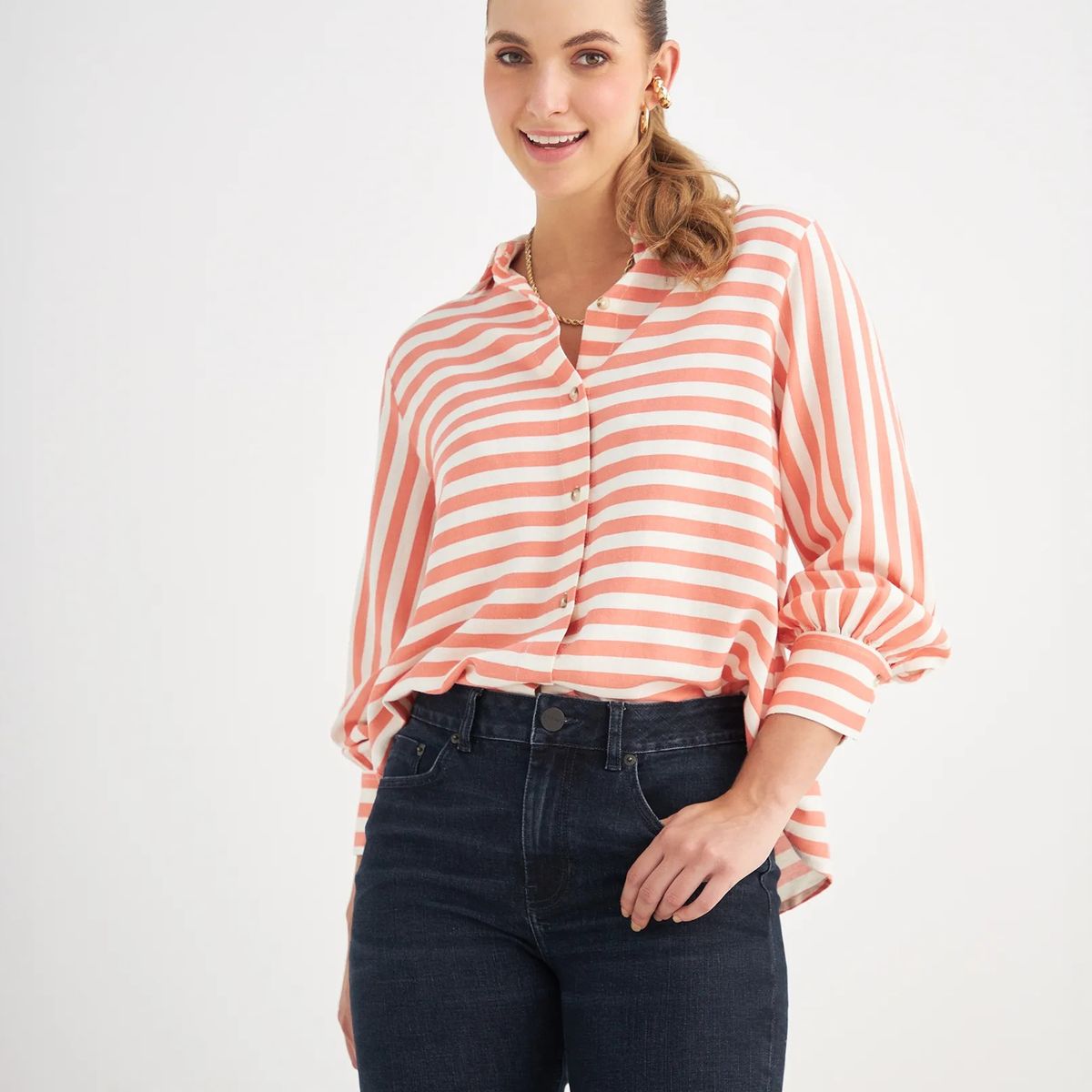 ESPRIT - Esprit Camisa para Mujer a Rayas Horizontales - Blusa para Dama de Cuello Camisero