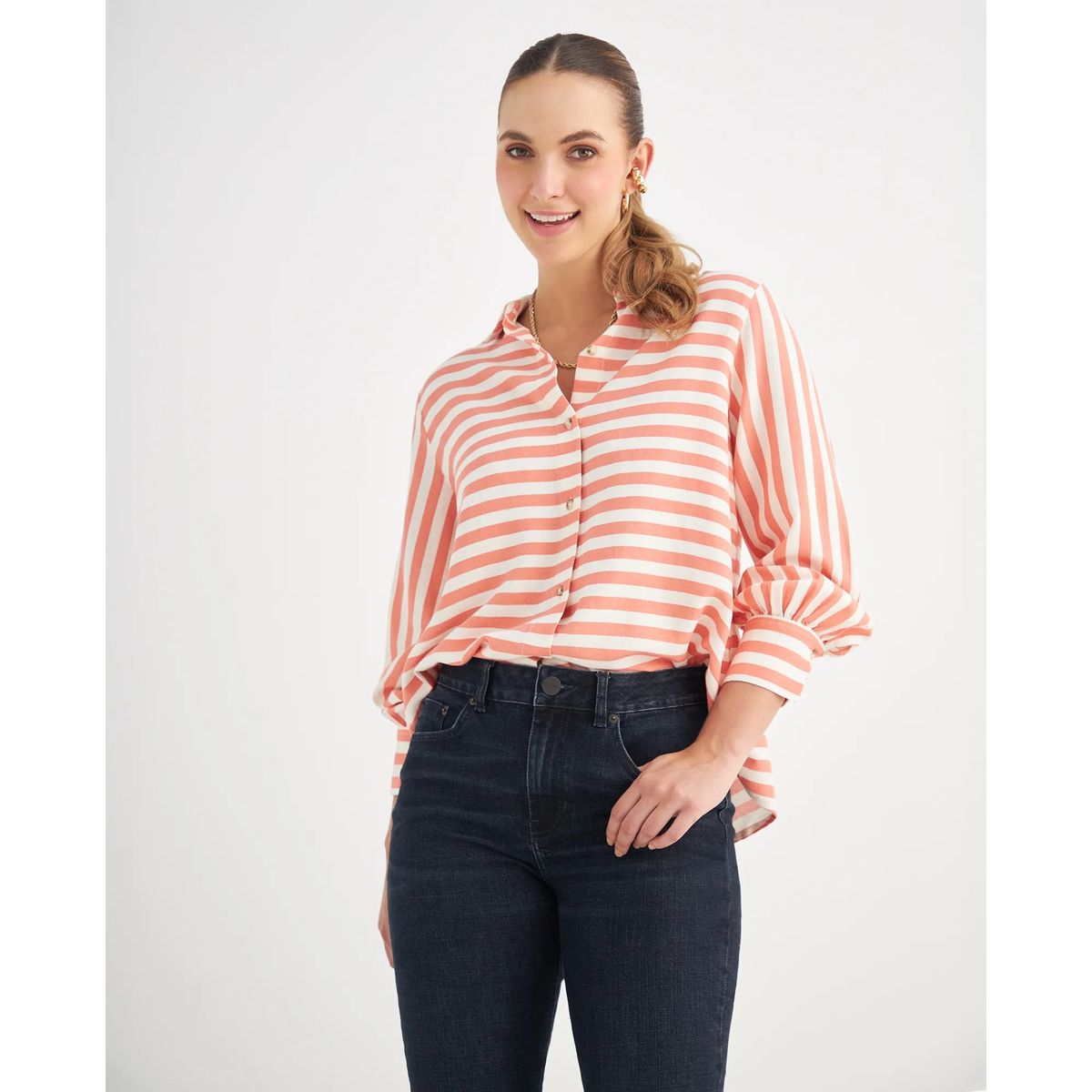 ESPRIT - Esprit Camisa para Mujer a Rayas Horizontales - Blusa para Dama de Cuello Camisero